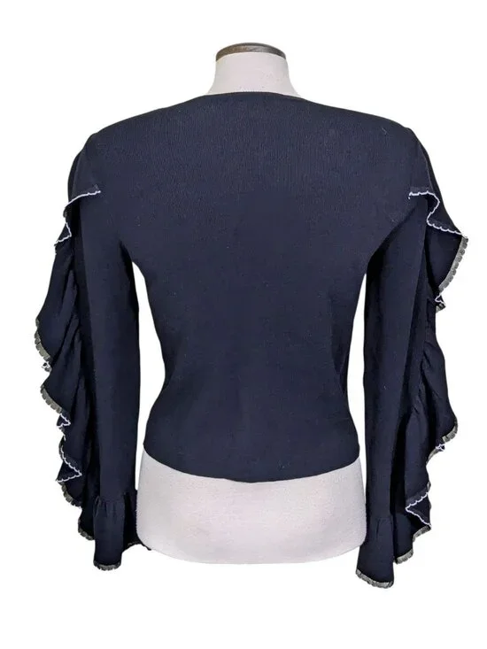 Club Monaco Women Black Sancerie Ruffle Long Sleeve Sweater Top Size Large - Picture 4 of 7